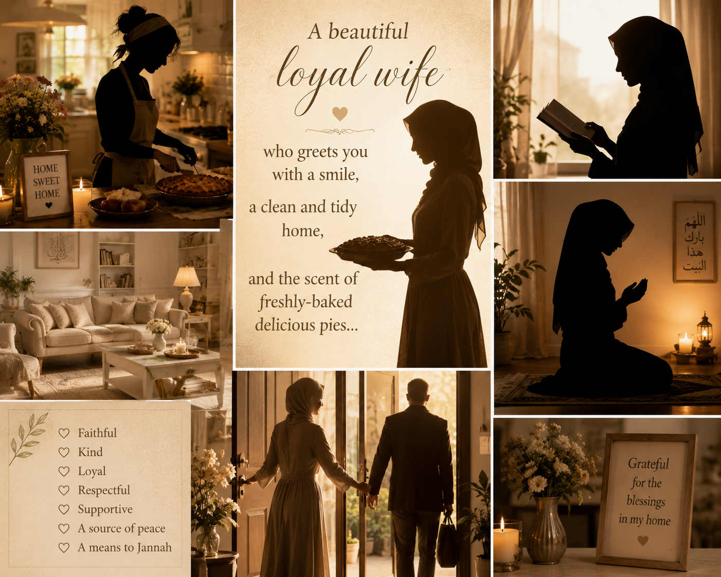 A collage of a loyal wife — faith, home, and devotion