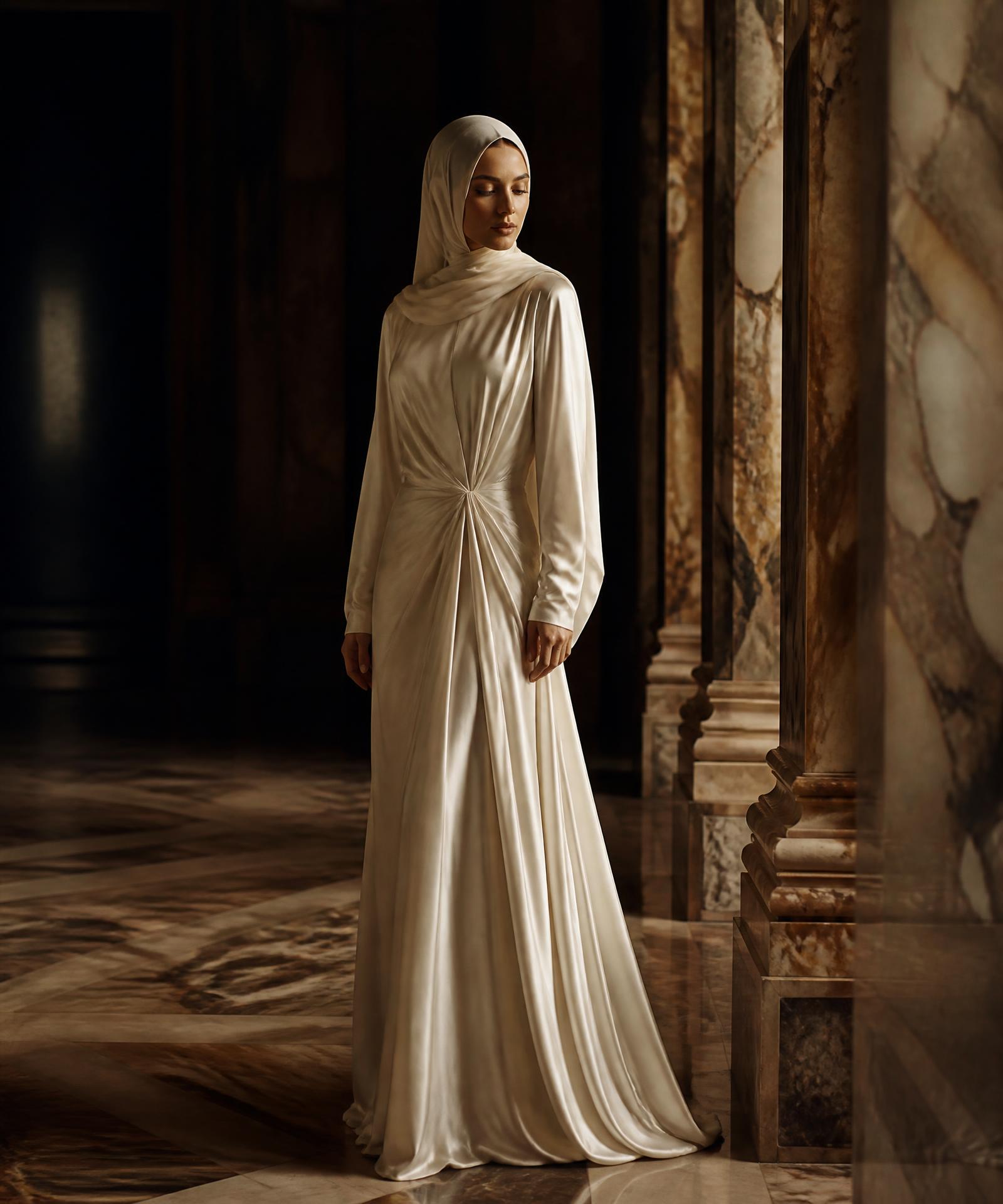 An elegantly dressed woman in a marble hall